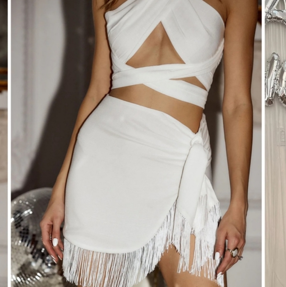 12th TRIBE Rosalina Fringe faux wrap white mini skirt. Size small NWOT